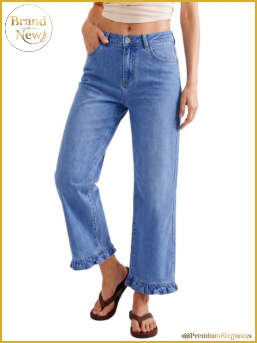Womens High Waist Straight Leg Jeans Ruffle Hem Denim Pants